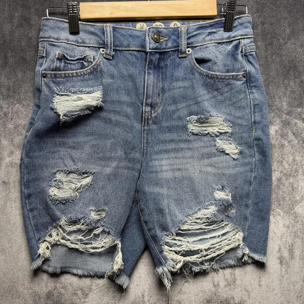 BY REWASH Shorts Jorts 1/25 Blue High Rise Denim Distressed Cutoff
